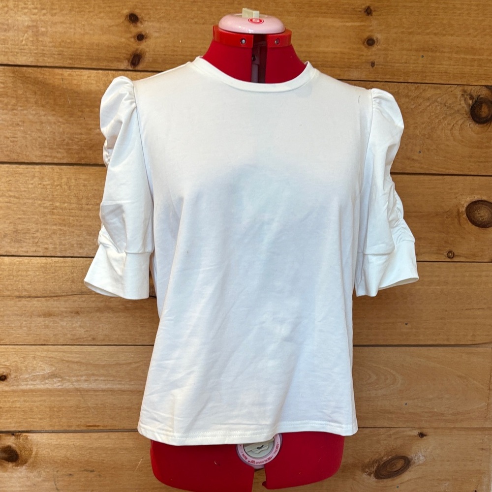 White Puff Sleeve Crewneck Top - Brand: